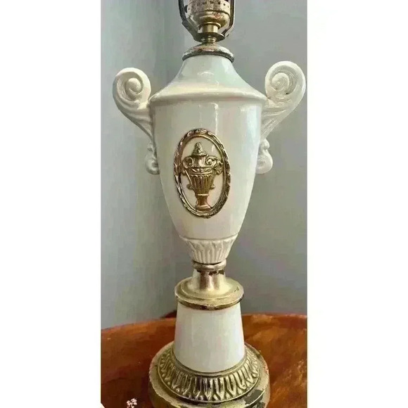 Vintage Bronze and White Enamel Table Lamp with Antique Floral Urn Embellishment - Picture 5 of 6